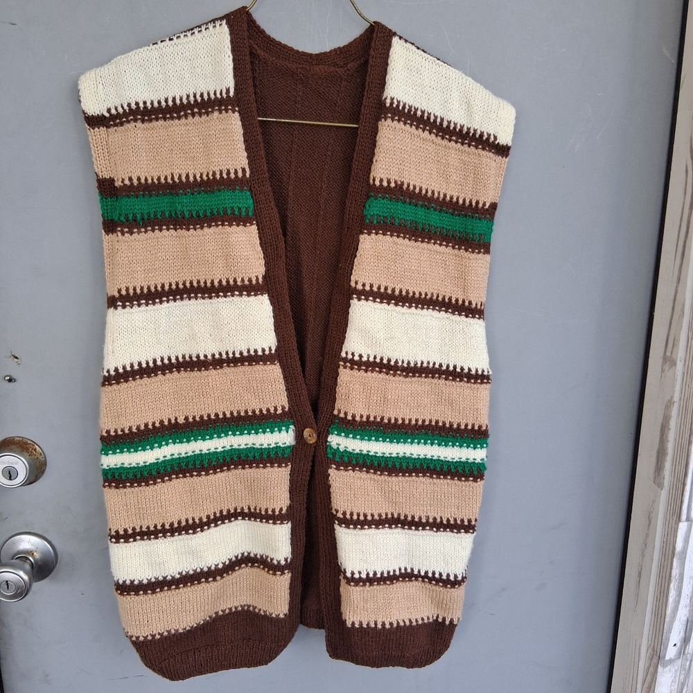 Vtg 90s Y2K Grandpa Grunge Handmade Knit Stripe Sweater Vest Cardigan Earth Tone